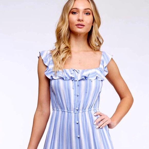 1 L LEFT Blue White Striped Button Down Ruffled Maxi Dress - Picture 6 of 11